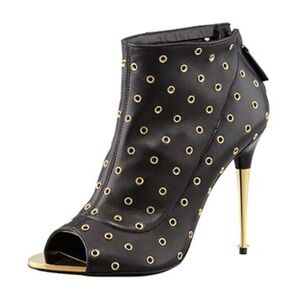 Tom Ford Black and Gold Grommet Heeled Boots with Metallic Stiletto.